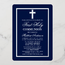 Invitación Con Relieve Metalizado Cruz de Primera Comunión Azul Marino Plata