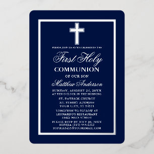 Invitación Con Relieve Metalizado Cruz de Primera Comunión Azul Marino Plata