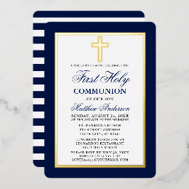 Invitación Con Relieve Metalizado Cruz de Primera Comunión con Rayas Azules y Marco