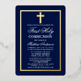 Invitación Con Relieve Metalizado Cruz de Primera Comunión Elegante Azul Marino y Or