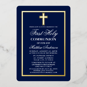 Invitación Con Relieve Metalizado Cruz de Primera Comunión Elegante Azul Marino y Or
