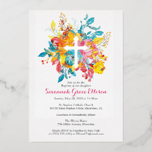 Invitación Con Relieve Metalizado Cruz de Relieve metalizado plateado con flores acu