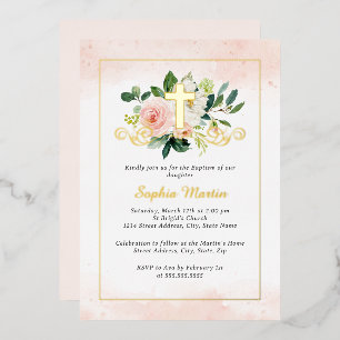 Invitación Con Relieve Metalizado Cruz Dorada Brillante Bautizo Floral Bonito