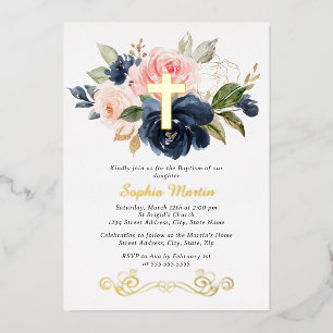 Invitación Con Relieve Metalizado Cruz Dorada Brillante Floral Niña Rosa Marina Baut