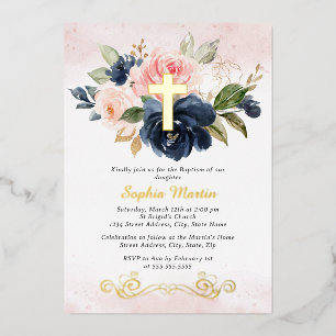 Invitación Con Relieve Metalizado Cruz Dorada Brillante Floral Niña Rosa Marino Baut