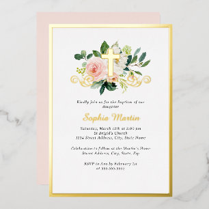Invitación Con Relieve Metalizado Cruz Dorada Brillante Floral Rosa Bautizo