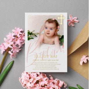 Invitación Con Relieve Metalizado Cruz dorada escritura rosa pálido foto bautizo foi
