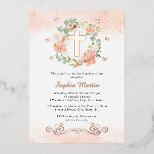 Invitación Con Relieve Metalizado Cruz Dorada Floral Brillante Bautizo de Niña 