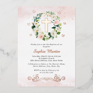 Invitación Con Relieve Metalizado Cruz Dorada Floral Brillante Mariposa Niña Bautizo
