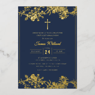 Invitación Con Relieve Metalizado Cruz dorada floral Navy niños primera comunión