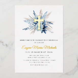 Invitación Con Relieve Metalizado cruz dorada moderna bautizo floral azul