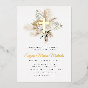 Invitación Con Relieve Metalizado cruz dorada pampas primera comunión