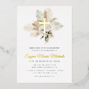 Invitación Con Relieve Metalizado cruz dorada pampas primera comunión santa