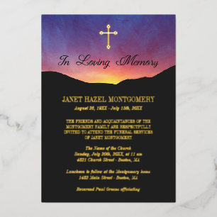 Invitación Con Relieve Metalizado Cruz Dorada y Amanecer - Servicio Funerario