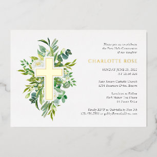 Invitación Con Relieve Metalizado Cruz Floral Acuarela Comunión Santa Real Oro