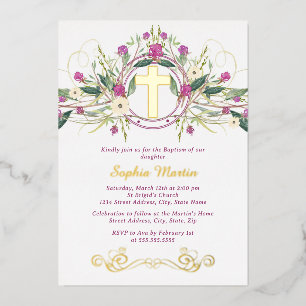 Invitación Con Relieve Metalizado Cruz Floral de Oro Brillante Bautizo