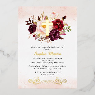 Invitación Con Relieve Metalizado Cruz Floral de Oro Brillante Bautizo Borgoña