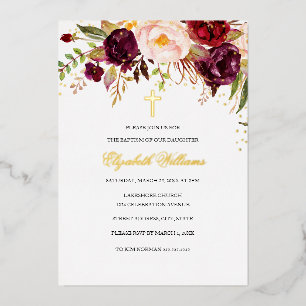Invitación Con Relieve Metalizado Cruz Floral Dorada de Borgoña Roja Niña Bautizo 