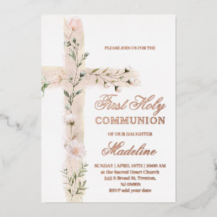 Invitación Con Relieve Metalizado cruz floral Primera Comunión