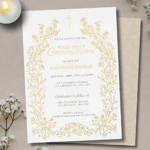 Invitación Con Relieve Metalizado Cruz floral Primera Comunión Religiosa
