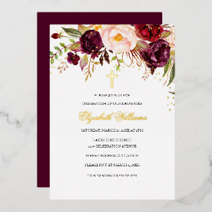 Invitación Con Relieve Metalizado Cruz Floral Roja Burgundy Oro Niña Bautizo