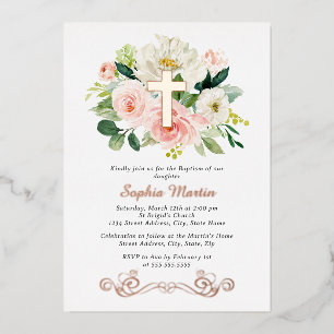 Invitación Con Relieve Metalizado Cruz Floral Rosa Dorado Brillante Bautizo Niña Ros