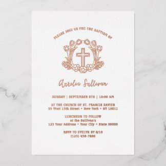 Invitación Con Relieve Metalizado Cruz Floral Simple Bautizo Hoja de Estaño