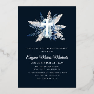Invitación Con Relieve Metalizado cruz moderna azul marino bautizo
