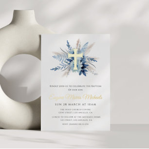 Invitación Con Relieve Metalizado cruz moderna de oro floral azul bautizo