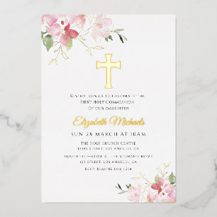 Invitación Con Relieve Metalizado cruz moderna de oro primera comunión