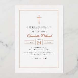 Invitación Con Relieve Metalizado Cruz moderna de oro rosa para niñas primera comuni