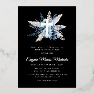 Invitación Con Relieve Metalizado cruz moderna de plata primera comunión