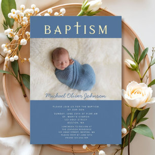 Invitación Con Relieve Metalizado Cruz Religiosa Azul Niño Bautizo Foto Oro