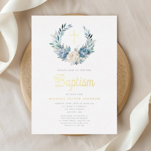 Invitación Con Relieve Metalizado Cruz Religiosa Floral Azul Elegante Bautizo Niño