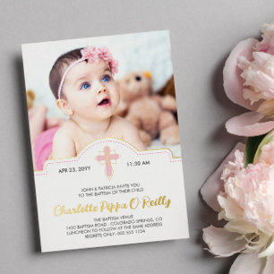Invitación Con Relieve Metalizado Cruz rosa bonita escritura foto niña bautizo foil