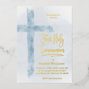 Invitación Con Relieve Metalizado cruz santa azul pastel Primera Comunión