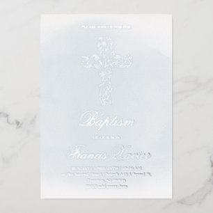 Invitación Con Relieve Metalizado cruz santa de plata Bautismo