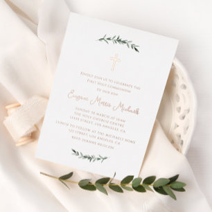 Invitación Con Relieve Metalizado cruz simple botánica primera comunión