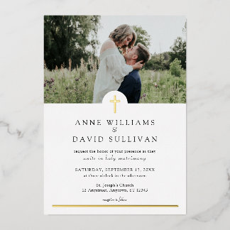 Invitación Con Relieve Metalizado Cruz Simple Cristiana Católica con Foto de Boda