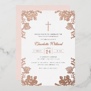 Invitación Con Relieve Metalizado Cruz Vintage de Oro Rosa para Primera Comunión de