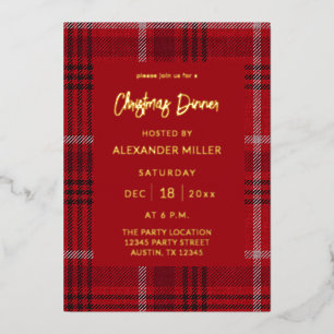 Invitación Con Relieve Metalizado Cuadro Rojo de Franela Fiesta de Navidad Tu Texto