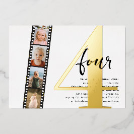Invitación Con Relieve Metalizado Cualquier año | Cumpleaños simple de 4 fotos en ti