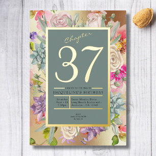 Invitación Con Relieve Metalizado Cualquier año de cumpleaños floral azul