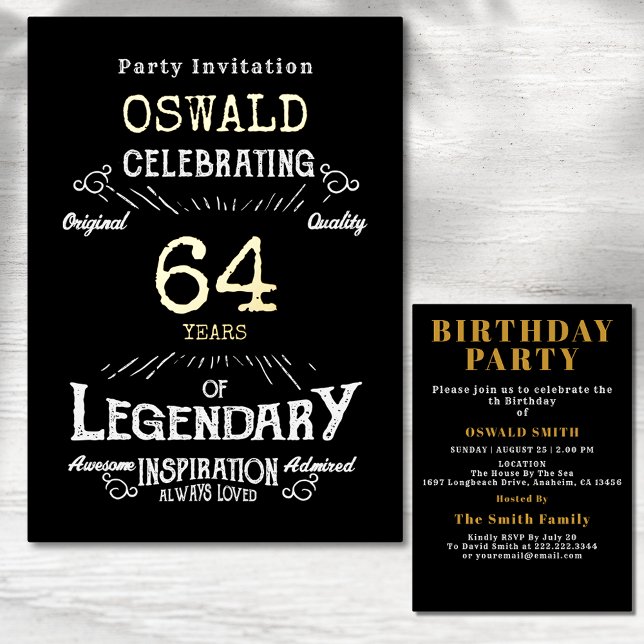 Invitación Con Relieve Metalizado Cualquier cumpleaños nacido legendario Black Gold  (Gold foil birthday invitation with black background and white typography.)