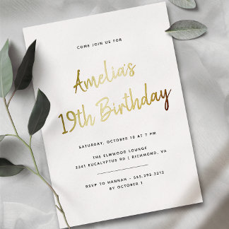 Invitación Con Relieve Metalizado Cualquier edad | Cumpleaños Mínimo Simple y Oro