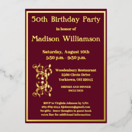 Invitación Con Relieve Metalizado Cualquier Edad Cumpleaños Red REAL Gold
