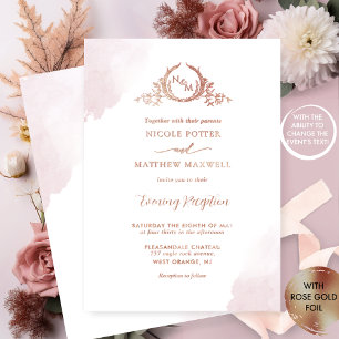 Invitación Con Relieve Metalizado Cualquier evento, monograma elegante de rosa polvo