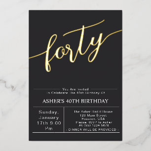 Invitación Con Relieve Metalizado Cuarenta   Cumpleaños 40 Moderno Negro y Dorado co
