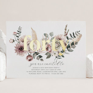 Invitación Con Relieve Metalizado Cuarenta Florales - 40 Aniversario - Oro