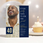 Invitación Con Relieve Metalizado Cuarenta Foto Azul & Oro 40 Fiesta de cumpleaños R<br><div class="desc">Celebre con estilo con estas invitaciones modernas a la fiesta de cumpleaños 40 con un fondo azul moda,  una foto del chica/chico de cumpleaños,  el gracioso dicho "¡tomó cuarenta años lucir así de bien!",  y una plantilla de texto simple que es fácil de personalizar.</div>